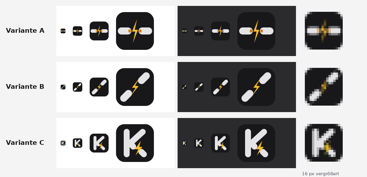 Die drei Favicon-Entwürfe A, B und C in 16, 32, 64 und 128 Pixeln auf hellem und dunklem Hintergrund, rechts jeweils die 16-Pixel-Version vergrößert